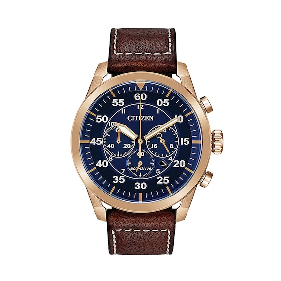 Men's Citizen Eco-Drive® Avion Chronograph Gold-Tone Strap Watch with Blue Dial (Model: Ca4213-18L)