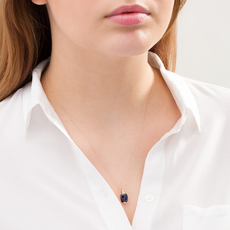 Main Image 2 of Elongated Cushion-Shaped Lab-Created Blue Sapphire Pendant in 10K Gold