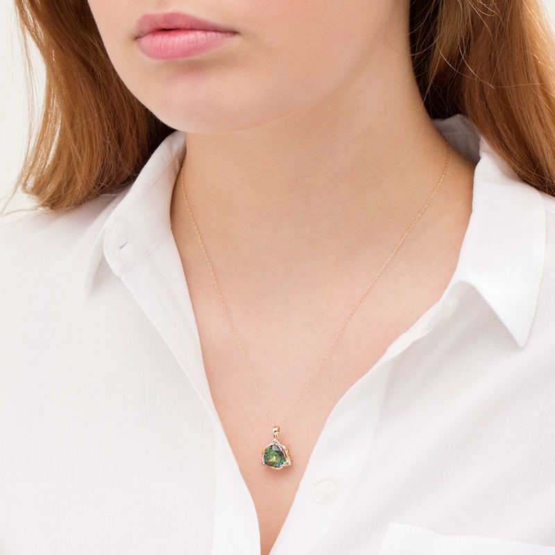 Main Image 2 of 10.0mm Trillion-Cut Mystic Fire Topaz and Diamond Accent Trinity Frame Pendant in 10K Gold
