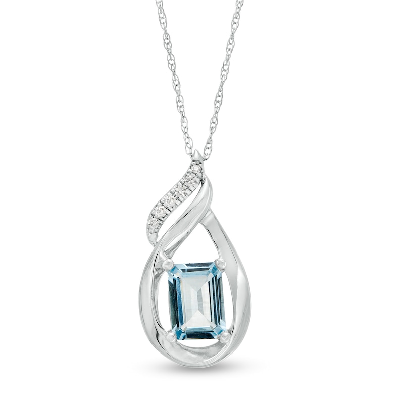 Emerald-Cut Aquamarine and Diamond Accent Flame Pendant in 10K White Gold