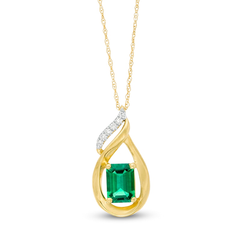 Emerald-Cut Lab-Created Emerald and Diamond Accent Flame Pendant in 10K Gold