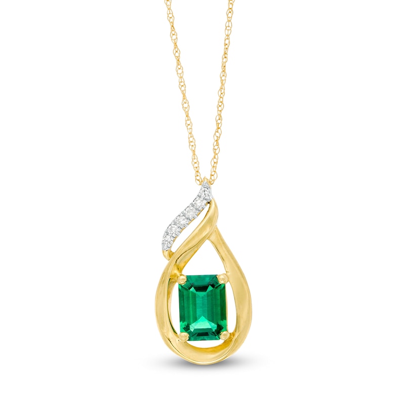 Main Image 1 of Emerald-Cut Lab-Created Emerald and Diamond Accent Flame Pendant in 10K Gold