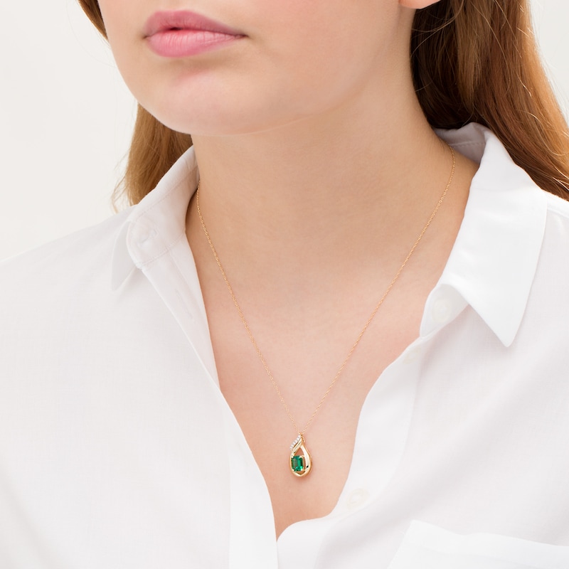 Emerald-Cut Lab-Created Emerald and Diamond Accent Flame Pendant in 10K Gold