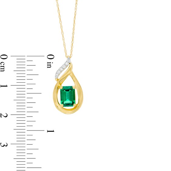 Emerald-Cut Lab-Created Emerald and Diamond Accent Flame Pendant in 10K Gold