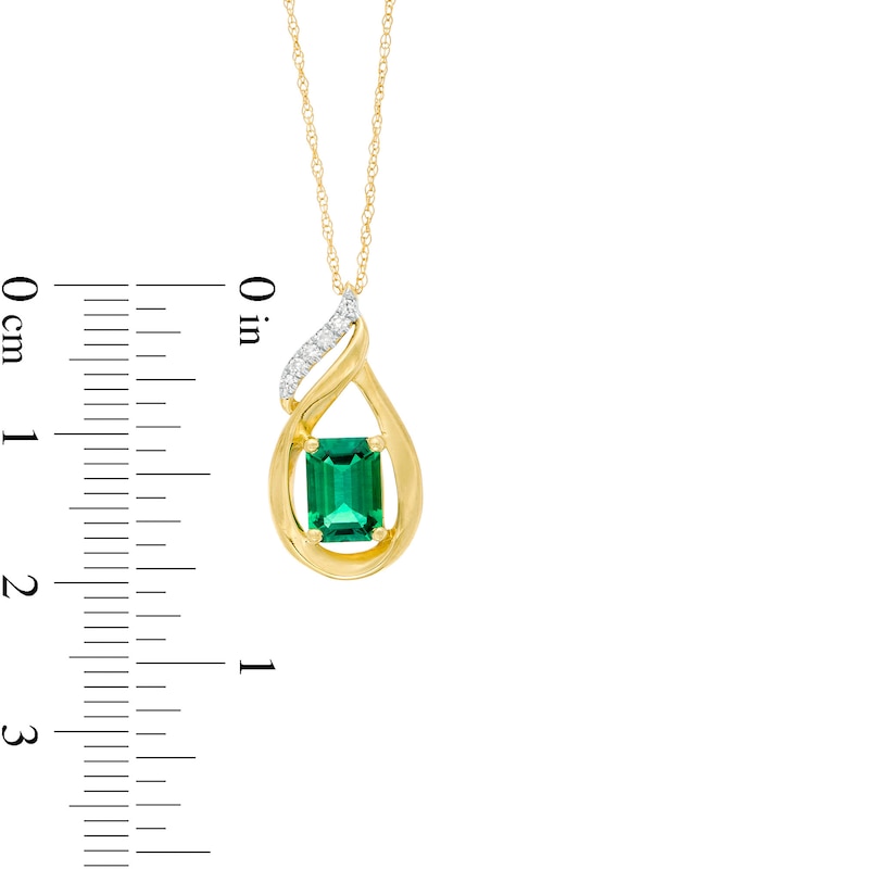 Emerald-Cut Lab-Created Emerald and Diamond Accent Flame Pendant in 10K Gold