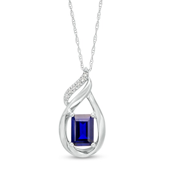 Emerald-Cut Lab-Created Blue Sapphire and Diamond Accent Flame Pendant in 10K White Gold Emerald-Cut Lab-Created Blue Sapphire and Diamond Accent Flame Pendant in 10K White Gold