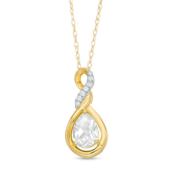 Pear-Shaped Lab-Created White Sapphire and Diamond Accent Cascading Teardrop Pendant in 10K Gold Pear-Shaped Lab-Created White Sapphire and Diamond Accent Cascading Teardrop Pendant in 10K Gold
