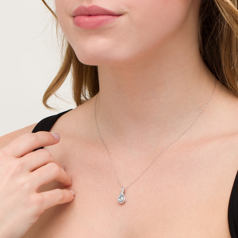 Main Image 2 of Pear-Shaped Lab-Created Blue Zircon and Diamond Accent Cascading Teardrop Pendant in 10K White Gold