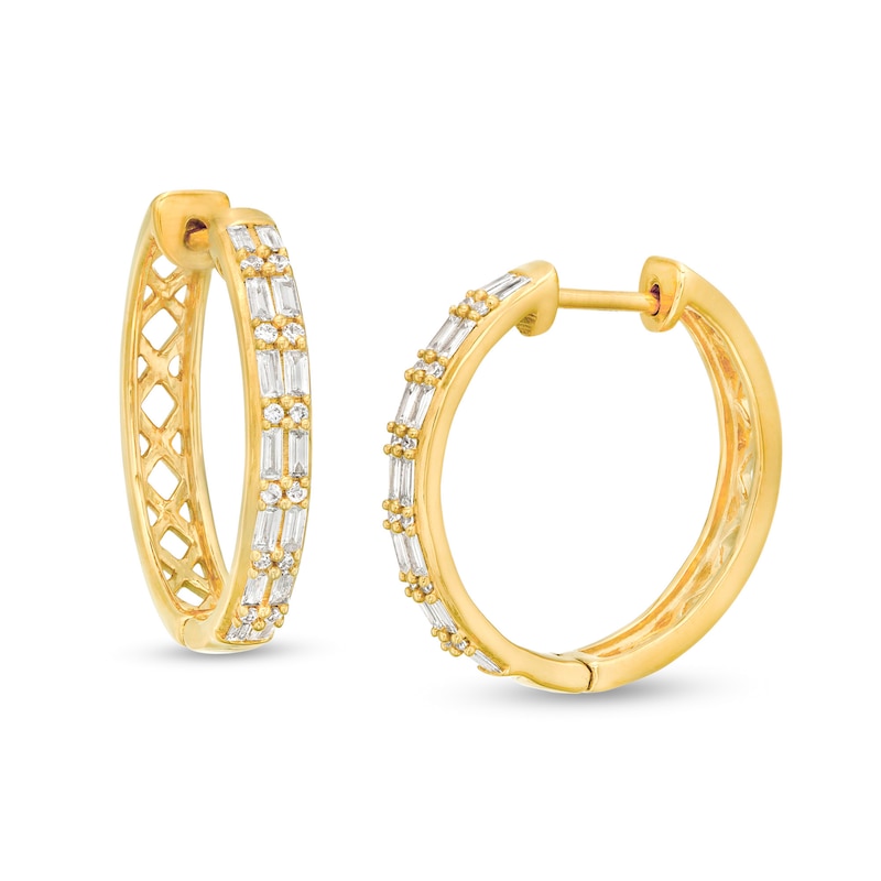 Main Image 1 of 1/3 CT. T.W. Baguette and Round Diamond Hoop Earrings in 10K Gold