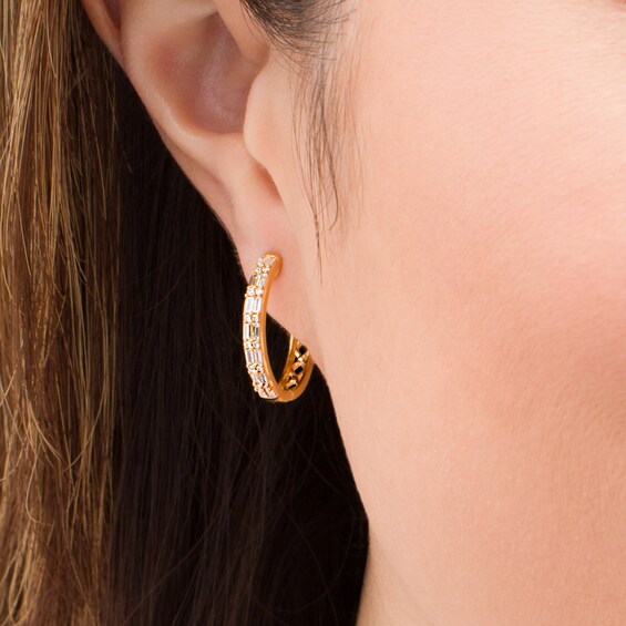 1/3 CT. T.w. Baguette and Round Diamond Hoop Earrings in 10K Gold