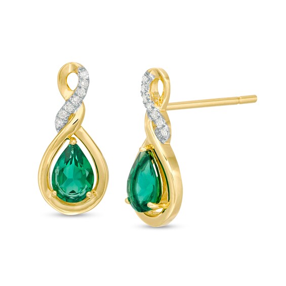 Pear-Shaped Lab-Created Emerald and 1/20 CT. T.W. Diamond Cascading Teardrop Earrings in 10K Gold Pear-Shaped Lab-Created Emerald and 1/20 CT. T.W. Diamond Cascading Teardrop Earrings in 10K Gold