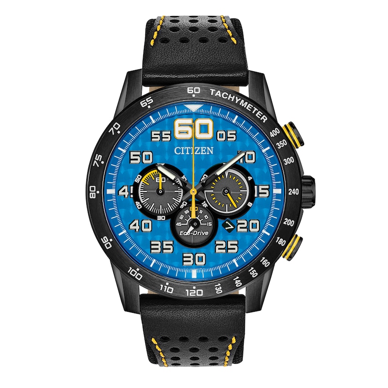 Main Image 1 of Men's Citizen Eco-Drive® Primo Black IP Chronograph Strap Watch with Blue Dial (Model: CA4435-08L)
