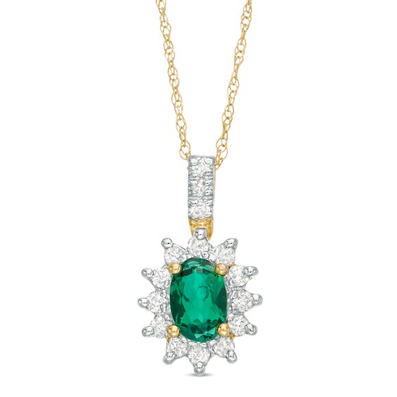 Oval Lab-Created Emerald and 1/5 CT. T.W. Diamond Starburst Frame Pendant in 10K Gold Oval Lab-Created Emerald and 1/5 CT. T.W. Diamond Starburst Frame Pendant in 10K Gold