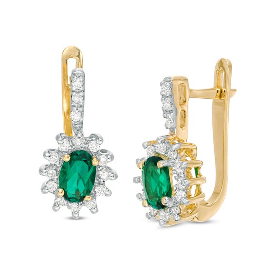 Oval Lab-Created Emerald and 1/3 CT. T.W. Diamond Starburst Frame Drop Earrings in 10K Gold Oval Lab-Created Emerald and 1/3 CT. T.W. Diamond Starburst Frame Drop Earrings in 10K Gold