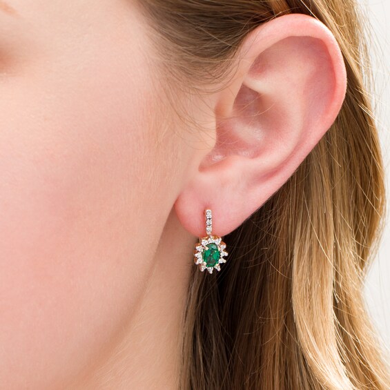Oval Lab-Created Emerald and 1/3 CT. T.W. Diamond Starburst Frame Drop Earrings in 10K Gold Oval Lab-Created Emerald and 1/3 CT. T.W. Diamond Starburst Frame Drop Earrings in 10K Gold