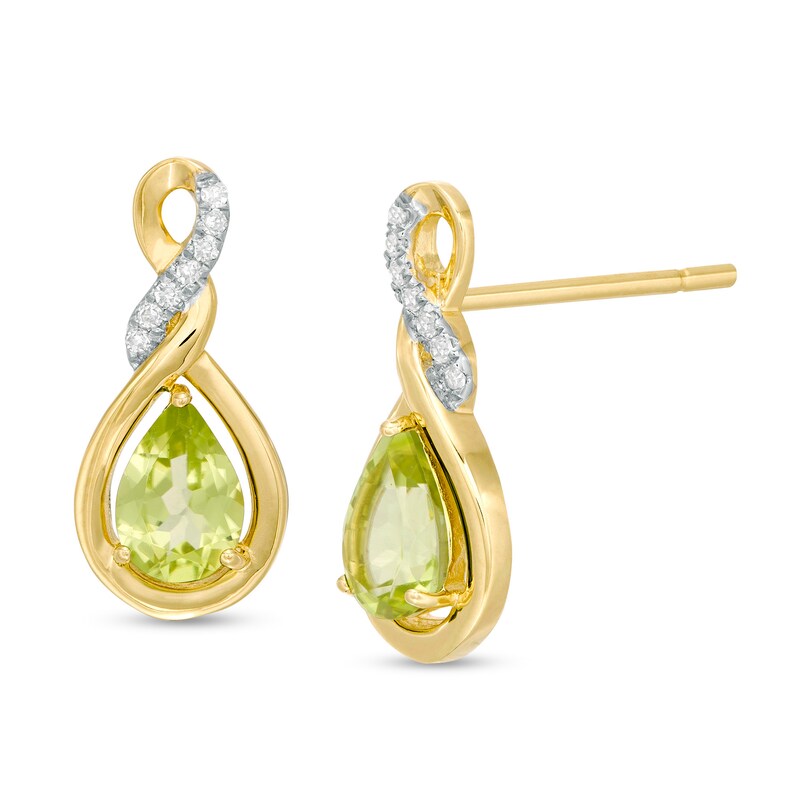 Pear-Shaped Lab-Created Peridot and 1/20 CT. T.W. Diamond Cascading Teardrop Earrings in 10K Gold