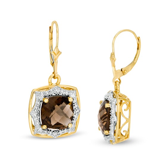 10.0mm Cushion-Cut Smoky Quartz and 1/20 CT. T.W. Diamond Sunburst Frame Drop Earrings in 10K Gold 10.0mm Cushion-Cut Smoky Quartz and 1/20 CT. T.W. Diamond Sunburst Frame Drop Earrings in 10K Gold