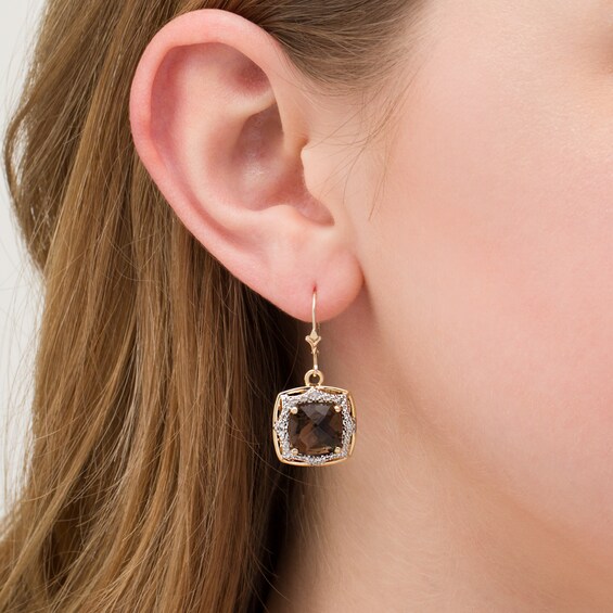 10.0mm Cushion-Cut Smoky Quartz and 1/20 CT. T.W. Diamond Sunburst Frame Drop Earrings in 10K Gold 10.0mm Cushion-Cut Smoky Quartz and 1/20 CT. T.W. Diamond Sunburst Frame Drop Earrings in 10K Gold