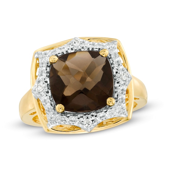 10.0mm Cushion-Shaped Smoky Quartz and Diamond Accent Sunburst Frame Ring in 10K Gold