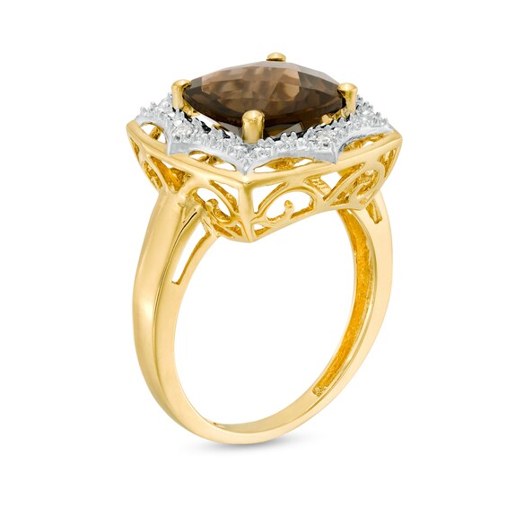 10.0mm Cushion-Shaped Smoky Quartz and Diamond Accent Sunburst Frame Ring in 10K Gold