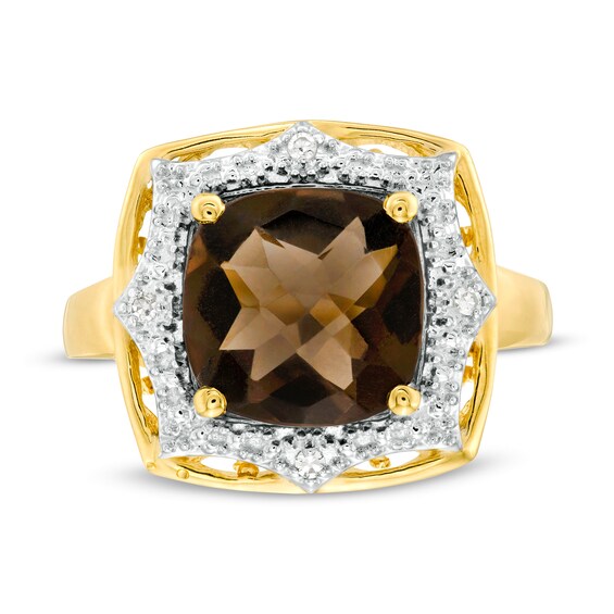 10.0mm Cushion-Shaped Smoky Quartz and Diamond Accent Sunburst Frame Ring in 10K Gold