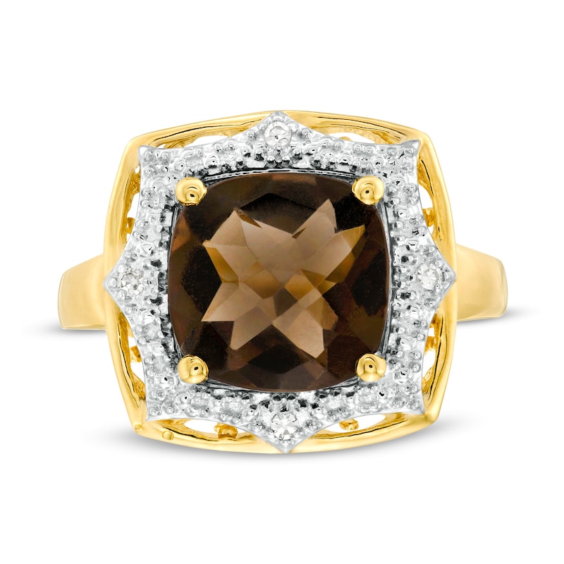 10.0mm Cushion-Cut Smoky Quartz and Diamond Accent Sunburst Frame Ring in 10K Gold