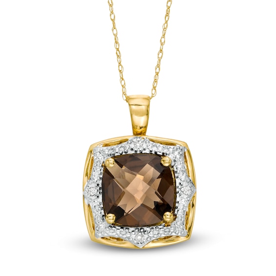 10.0mm Cushion-Shaped Smoky Quartz and Diamond Accent Sun Frame Pendant in 10K Gold
