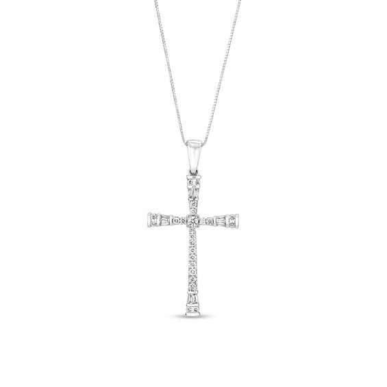 3/8 CT. T.W. Baguette and Round Diamond Flared Cross Pendant in 10K White Gold 3/8 CT. T.W. Baguette and Round Diamond Flared Cross Pendant in 10K White Gold