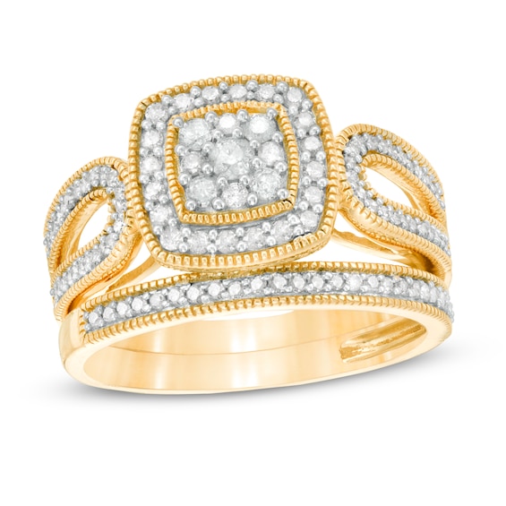 1/2 CT. T.w. Composite Diamond Cushion Frame Looped Vintage-Style Bridal Set in 10K Gold