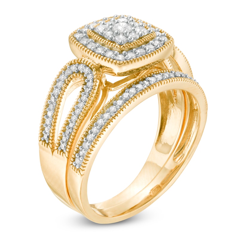 Main Image 3 of 1/2 CT. T.W. Composite Diamond Cushion Frame Looped Vintage-Style Bridal Set in 10K Gold