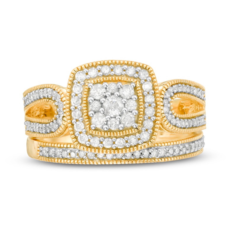Main Image 4 of 1/2 CT. T.W. Composite Diamond Cushion Frame Looped Vintage-Style Bridal Set in 10K Gold