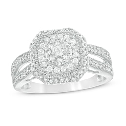 1/2 CT. T.W. Composite Diamond Octagonal Frame Vintage-Style Split Shank Engagement Ring in 10K White Gold