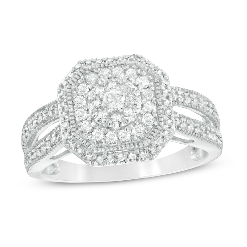 Main Image 1 of 1/2 CT. T.W. Composite Diamond Octagonal Frame Vintage-Style Split Shank Engagement Ring in 10K White Gold
