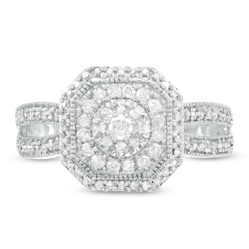 Main Image 4 of 1/2 CT. T.W. Composite Diamond Octagonal Frame Vintage-Style Split Shank Engagement Ring in 10K White Gold