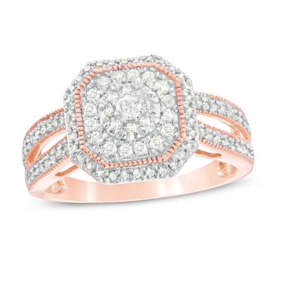 1/2 CT. T.w. Composite Diamond Octagonal Frame Vintage-Style Split Shank Engagement Ring in 10K Rose