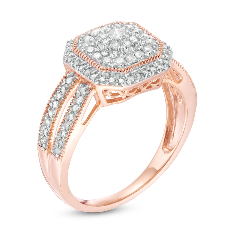 1/2 CT. T.W. Composite Diamond Octagonal Frame Vintage-Style Split Shank Engagement Ring in 10K Rose