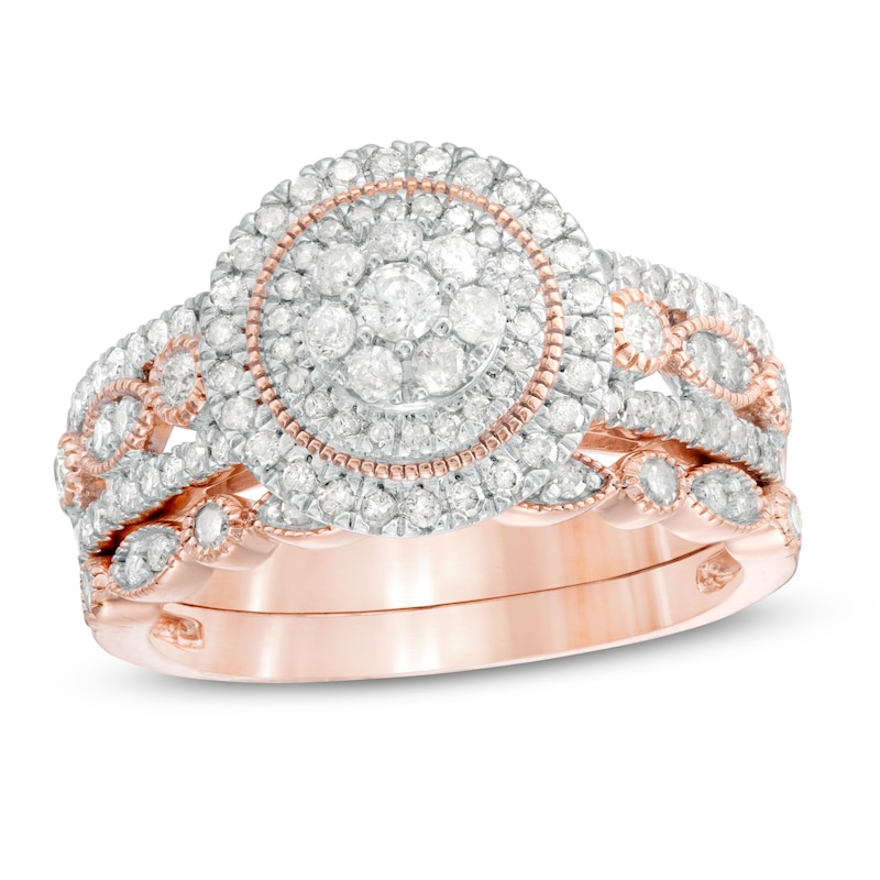 Main Image 1 of 3/4 CT. T.W. Diamond Double Frame Art Deco Vintage-Style Bridal Set in 10K Rose Gold