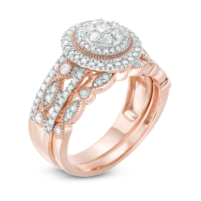 Main Image 3 of 3/4 CT. T.W. Diamond Double Frame Art Deco Vintage-Style Bridal Set in 10K Rose Gold