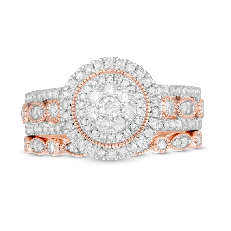 Main Image 4 of 3/4 CT. T.W. Diamond Double Frame Art Deco Vintage-Style Bridal Set in 10K Rose Gold