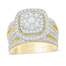 1-1/3 CT. T.W. Multi-Diamond Cushion Frame Vintage-Style Bridal Set in 10K Gold