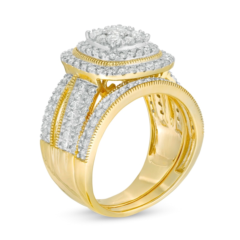 Main Image 3 of 1-1/3 CT. T.W. Multi-Diamond Cushion Frame Vintage-Style Bridal Set in 10K Gold