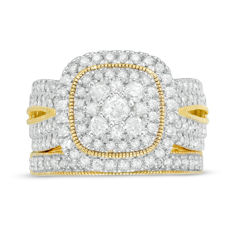 1-1/3 CT. T.W. Multi-Diamond Cushion Frame Vintage-Style Bridal Set in 10K Gold