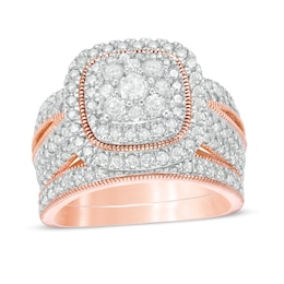 1-1/3 CT. T.W. Multi-Diamond Cushion Frame Vintage-Style Bridal Set in 10K Rose Gold