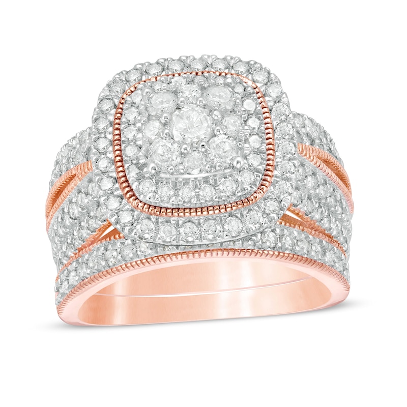 Main Image 1 of 1-1/3 CT. T.W. Multi-Diamond Cushion Frame Vintage-Style Bridal Set in 10K Rose Gold
