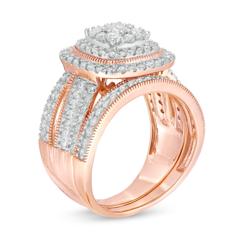 Main Image 3 of 1-1/3 CT. T.W. Multi-Diamond Cushion Frame Vintage-Style Bridal Set in 10K Rose Gold