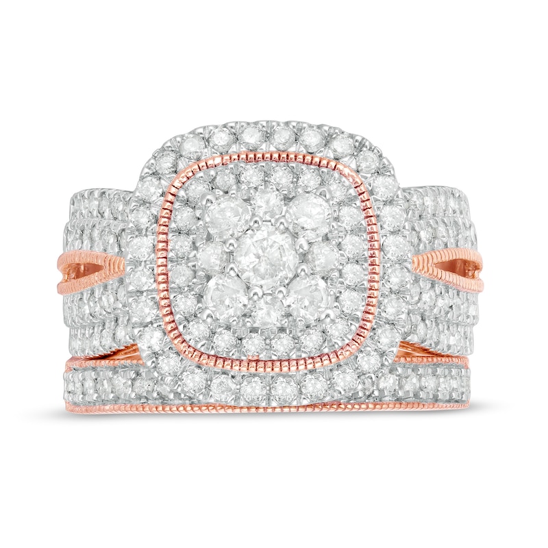 Main Image 4 of 1-1/3 CT. T.W. Multi-Diamond Cushion Frame Vintage-Style Bridal Set in 10K Rose Gold
