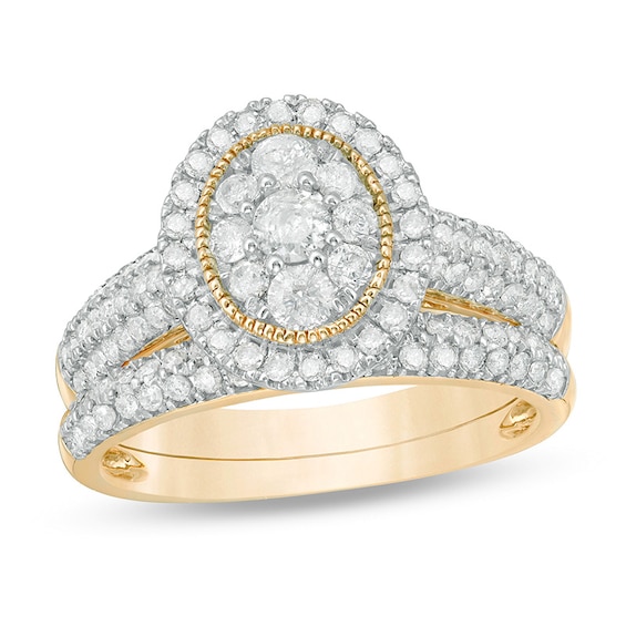 1 CT. T.w. Multi-Diamond Oval Frame Vintage-Style Bridal Set in 10K Gold
