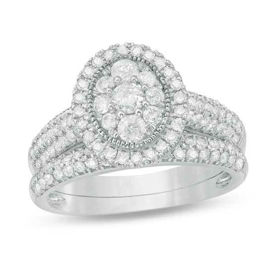 1 CT. T.w. Multi-Diamond Oval Frame Vintage-Style Bridal Set in 10K White Gold