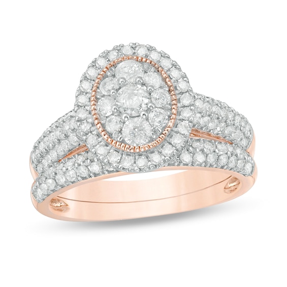 1 CT. T.w. Multi-Diamond Oval Frame Vintage-Style Bridal Set in 10K Rose Gold