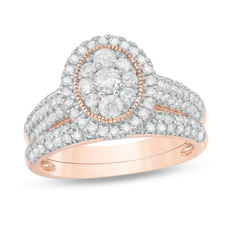 Main Image 1 of 1 CT. T.W. Multi-Diamond Oval Frame Vintage-Style Bridal Set in 10K Rose Gold